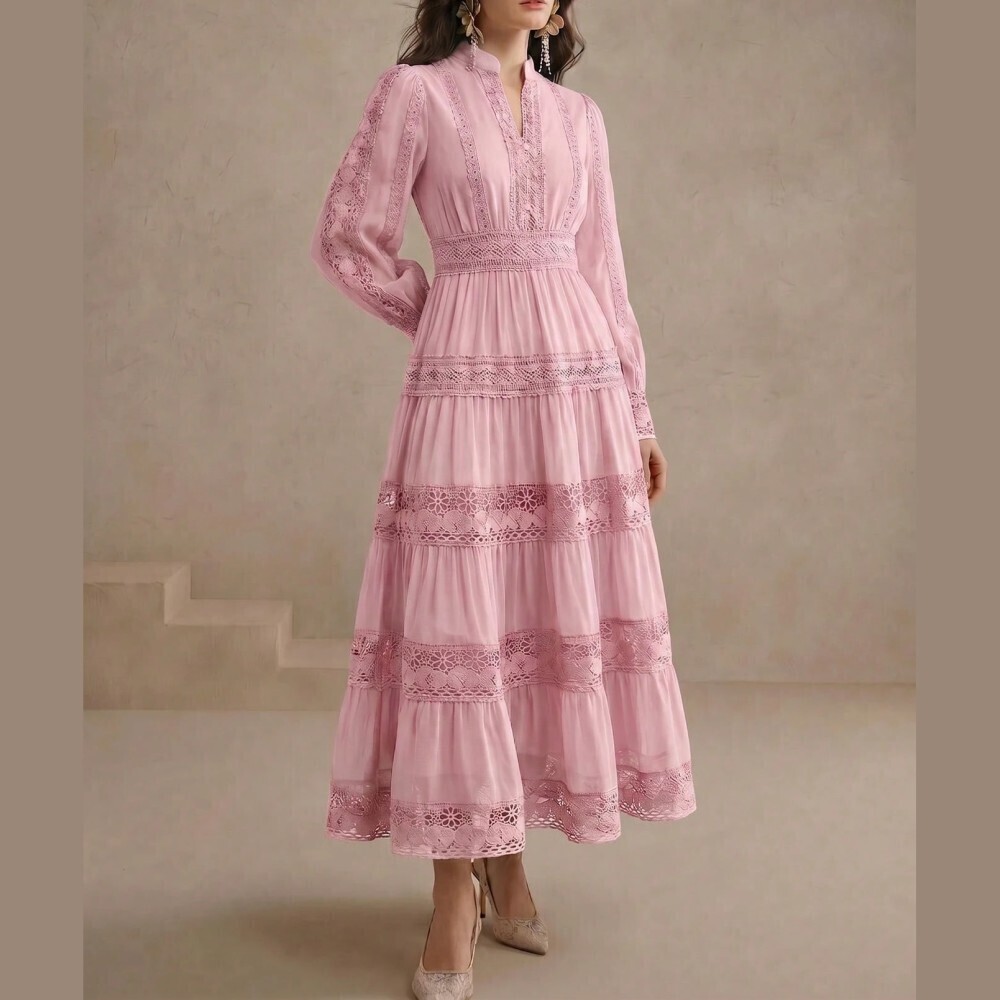 Pink Lace Trim Tiered Notched Neck Long Sleeve Maxi Dress